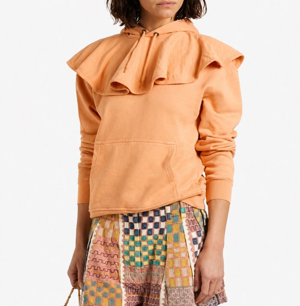 ULLA JOHNSON Lolla Ruffle-Collar Hoodie Coral Orange Gorpcore Relaxed Athleisure